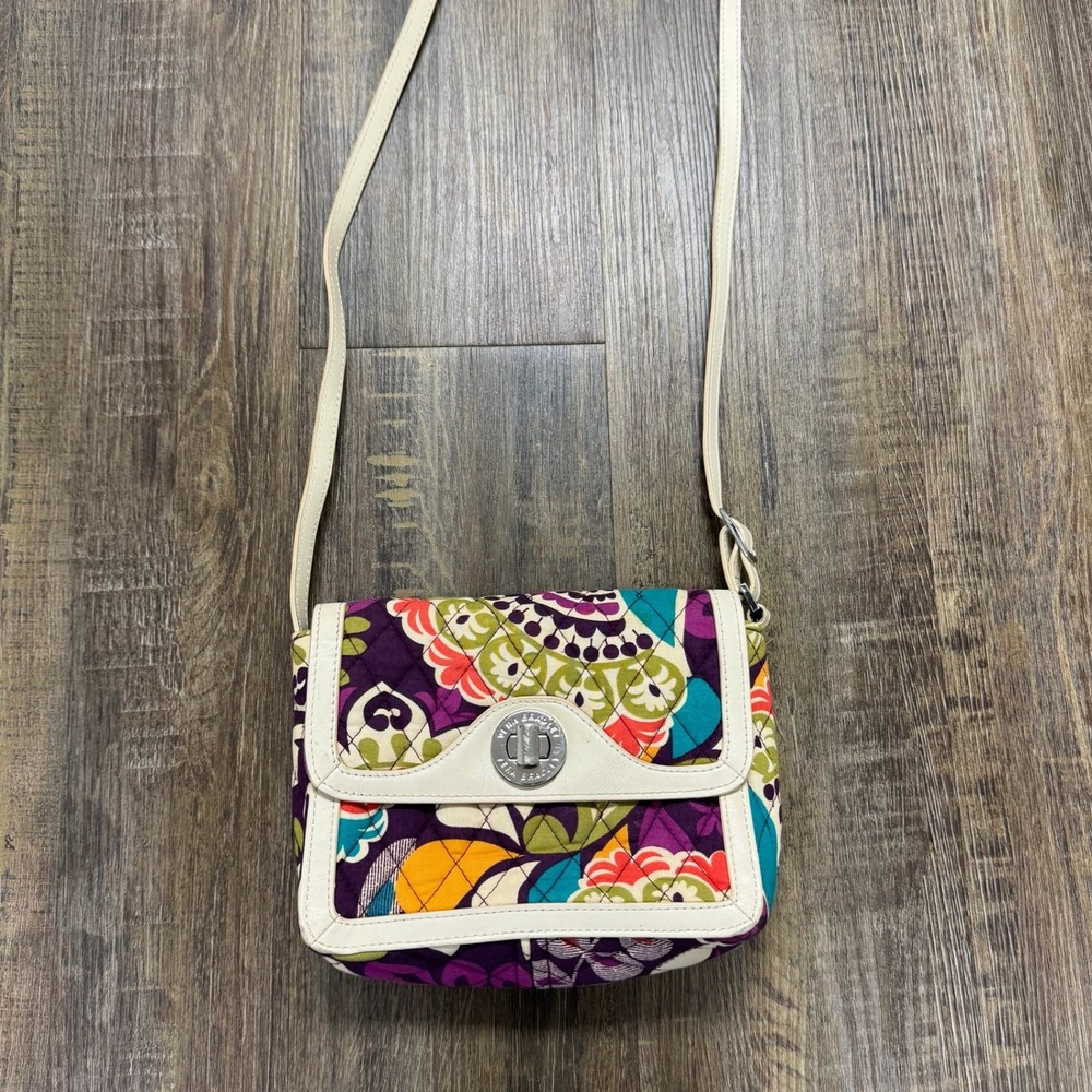 Vera Bradley Quilted Crossbody Bag Colorful Floral Print Cream Leather Trim